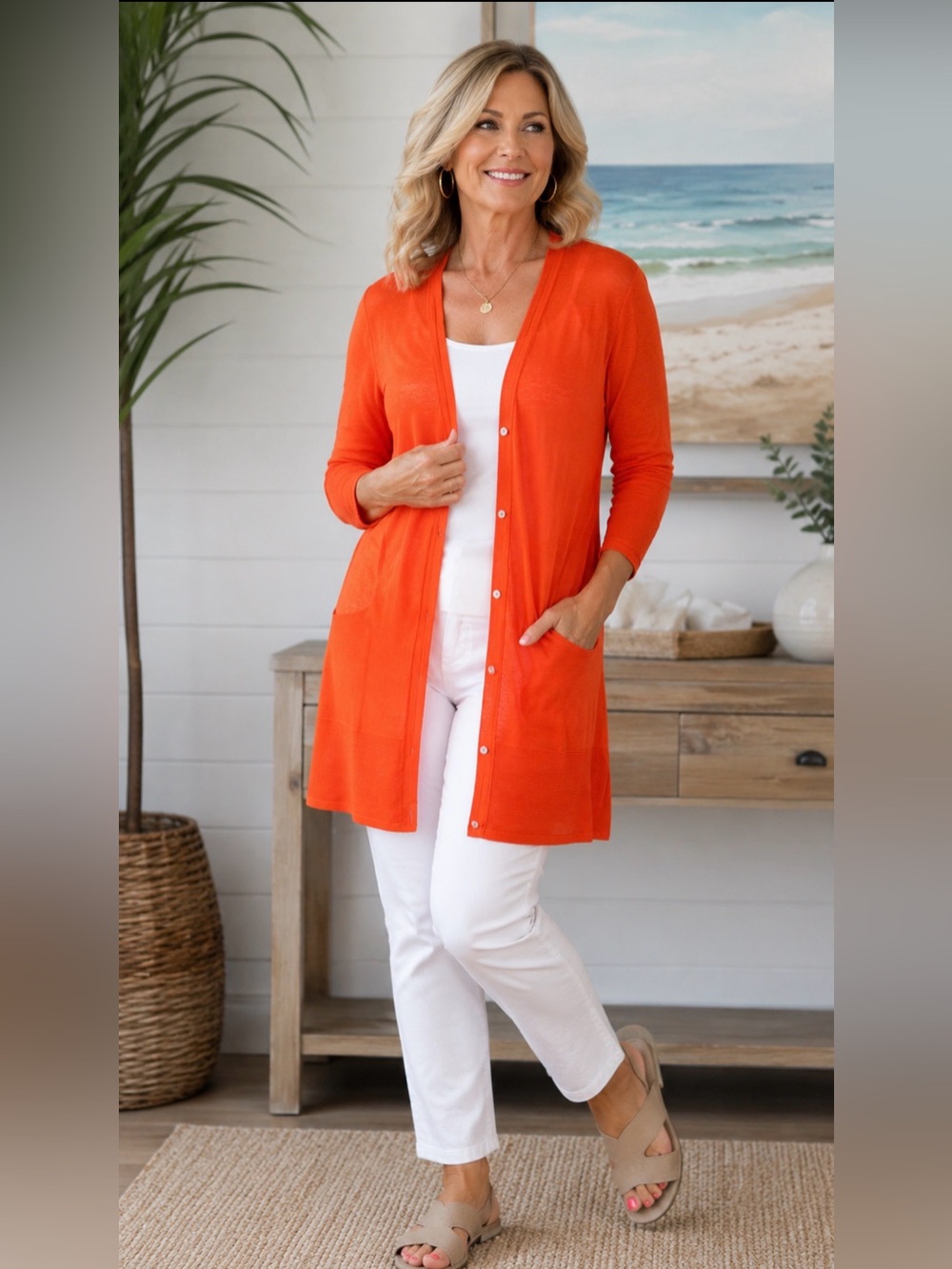 CHICO’s LONG LINE OPEN FRONT CARDIGAN ORANGE RIBBED HEM CASUAL EFFORTLESS CHIC